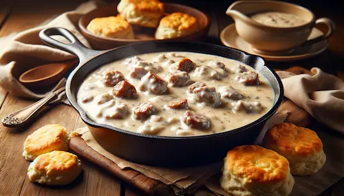 A cast iron pan of white sausage gravy, surrounded by biscuits